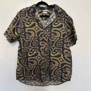 Te’aito mens bold polynesian short sleeve Hawaiian button up L large linen blend